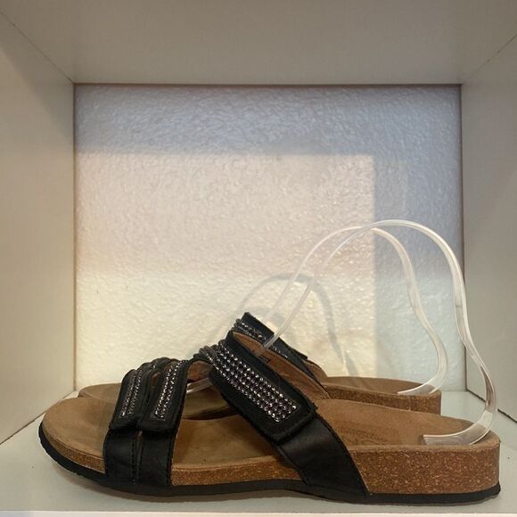 Vionic Afton Black Leather Rhinestones Adjustable Straps ComfortSlip On Sandals - Picture 2 of 11